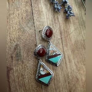 Sterling Silver & Turquoise & Gemstone Embed Earrings